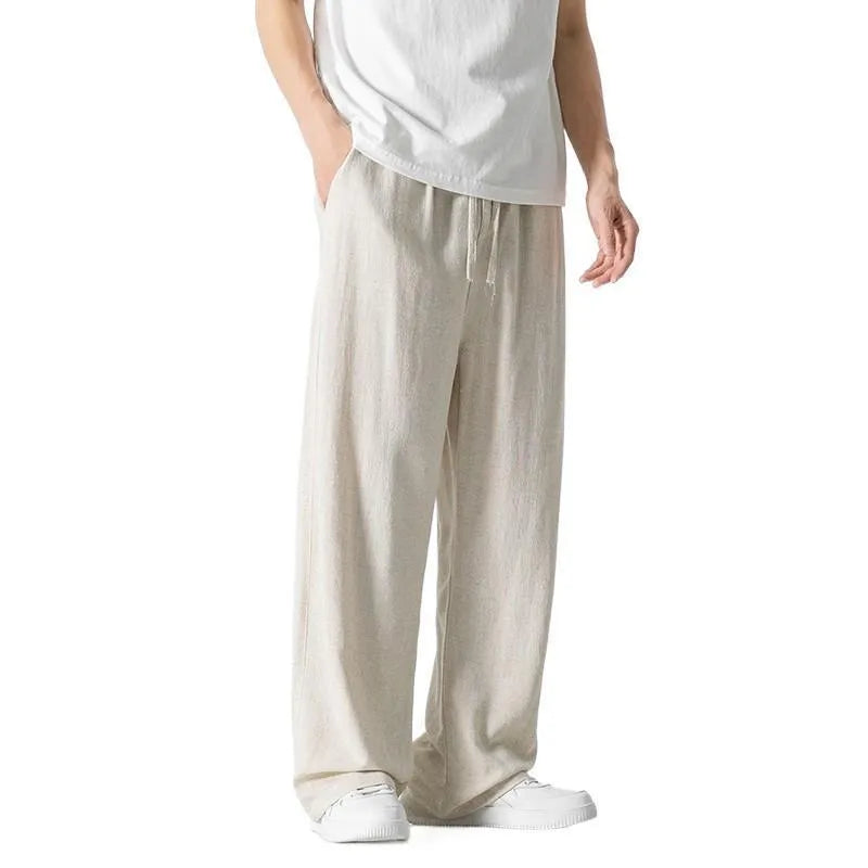 Men's bamboo fibre summer trousers in cropped straight-leg style with drawstring waistband