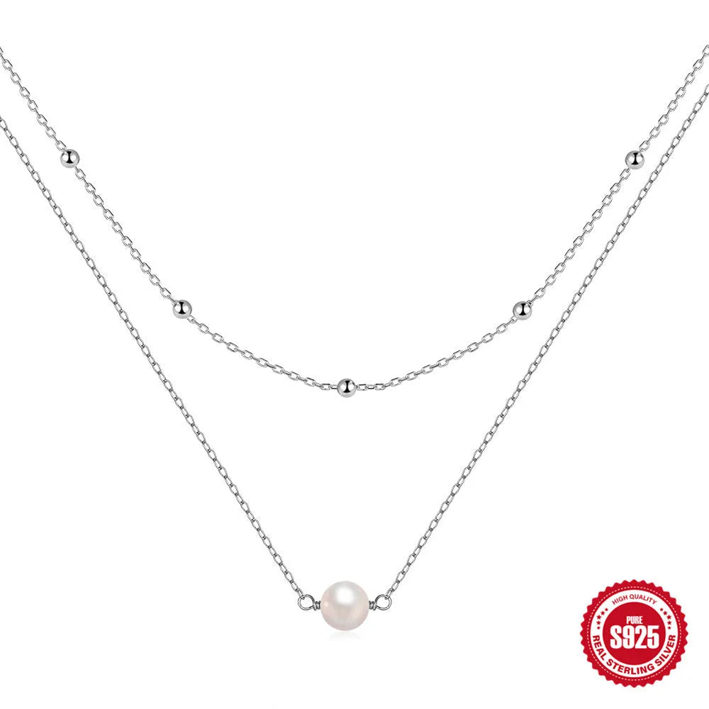 S925 sterling silver double layer necklace with twin pearls and ball bead chain in gold colour