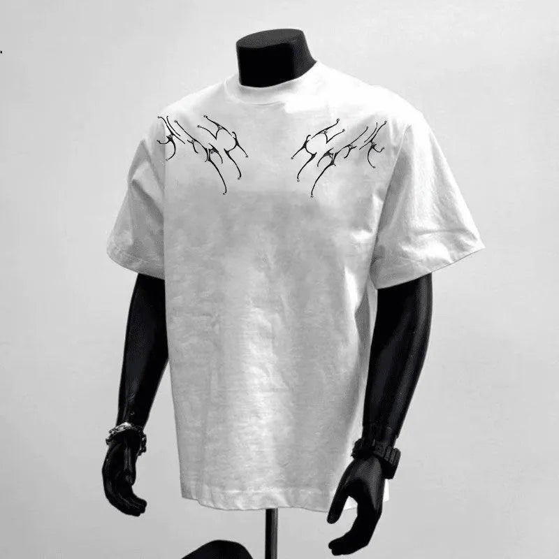 Men's black and white pure cotton short sleeve shirt in loose business fit with printed design