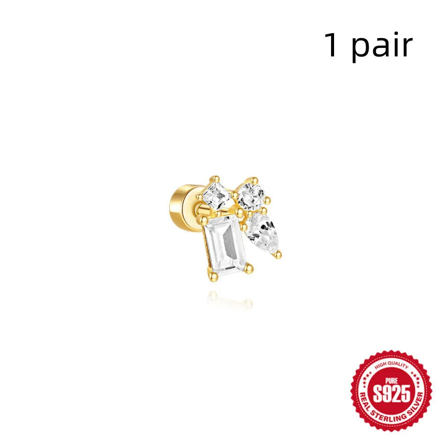 S925 sterling silver flat column geometric ear bone stud with threaded post in a gold colour finish.