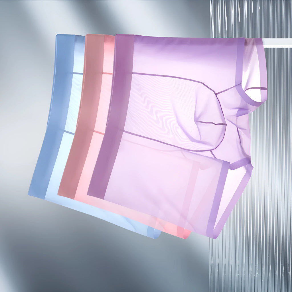 Ice silk seamless boxer briefs for men in solid colours showing ultra-thin transparent fabric