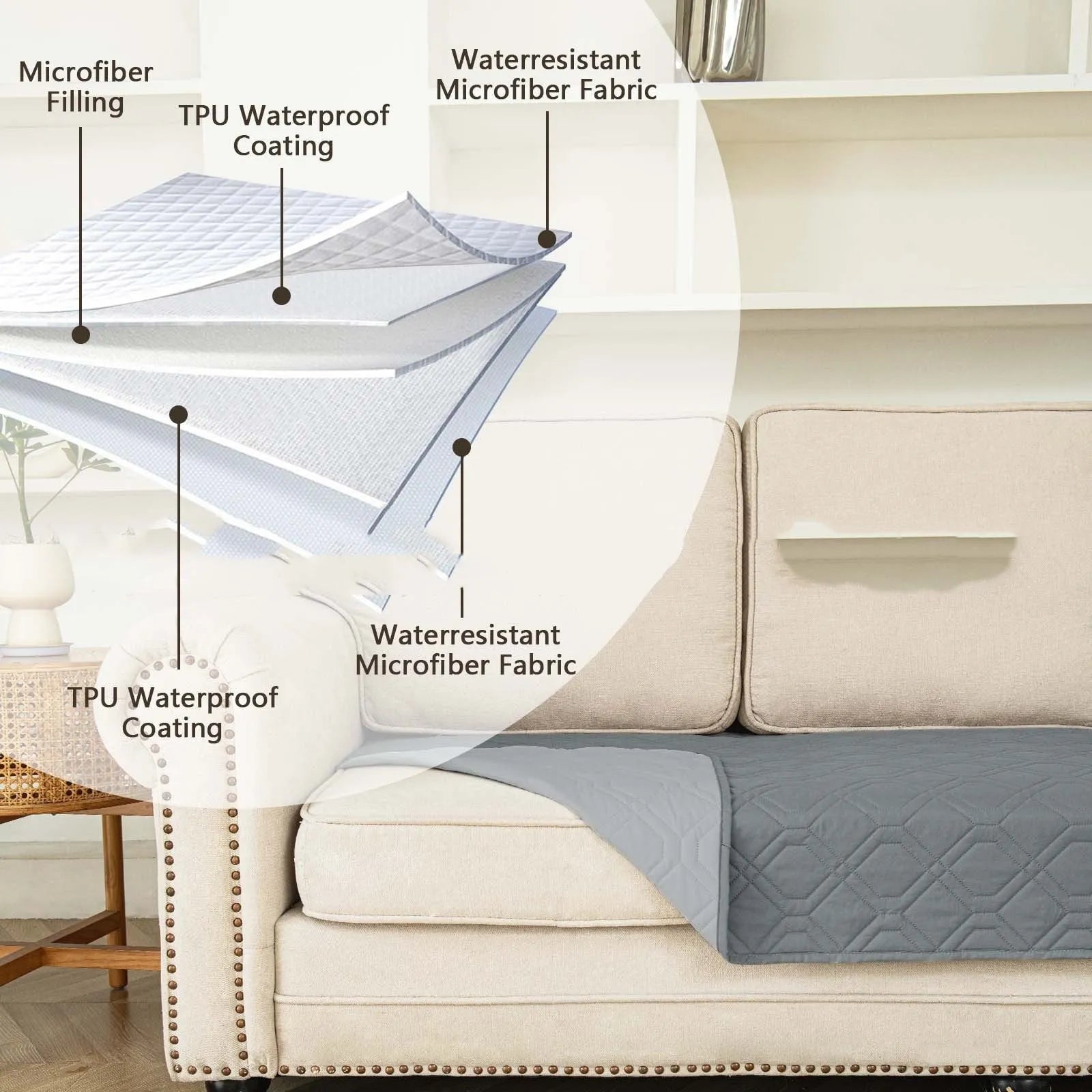 Double-sided waterproof dog sofa cushion in dark grey and light grey contrasting colours on a sofa.