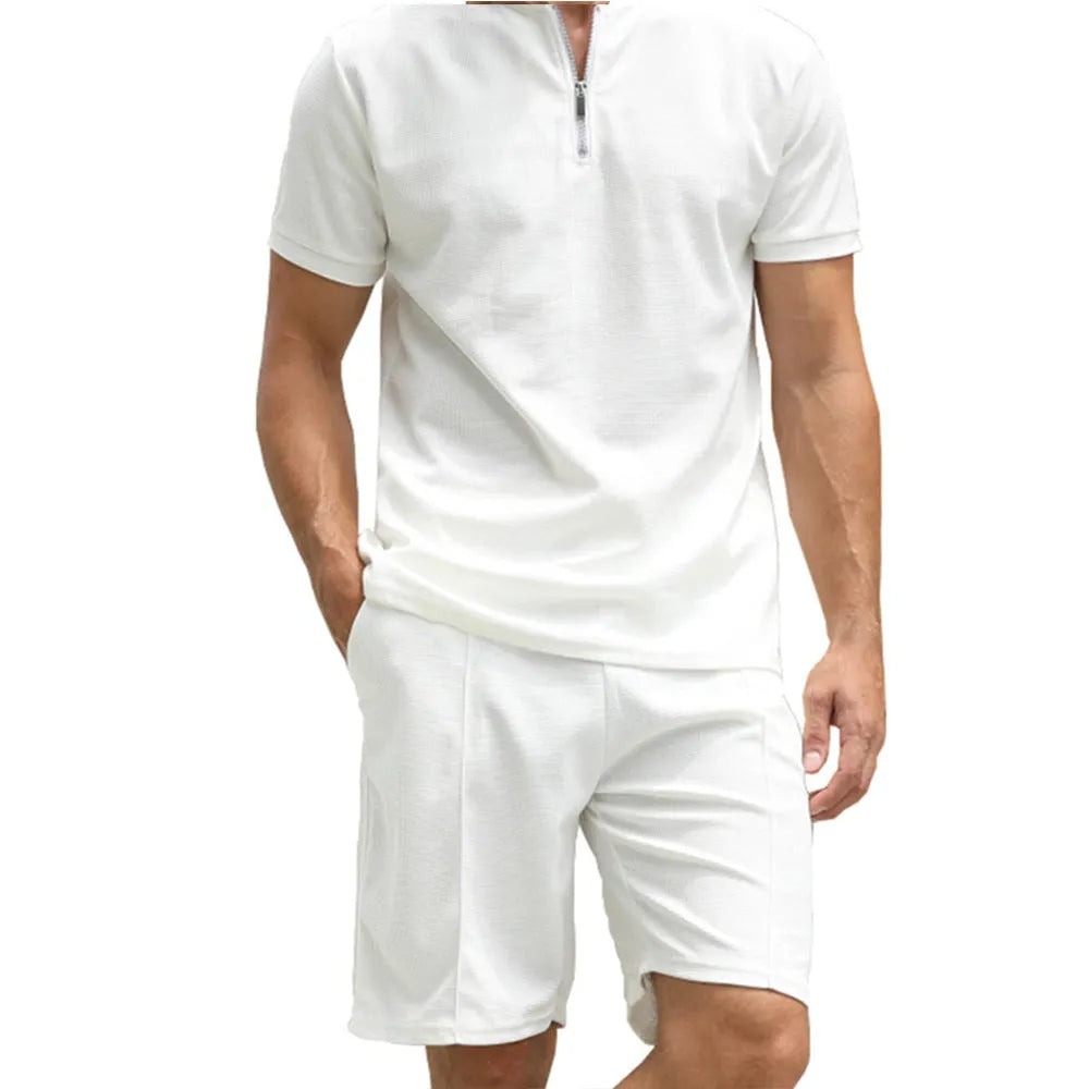 Men's solid colour polo shirt and trouser two-piece set in textured beaded bird's eye fabric