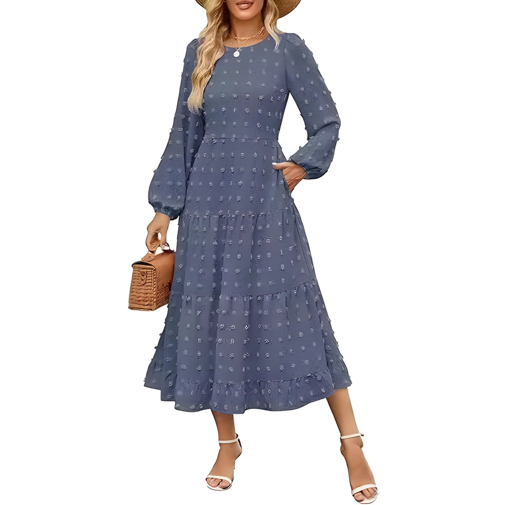 Women's beige polyester long sleeve dress with ruffle sleeves and high waist design