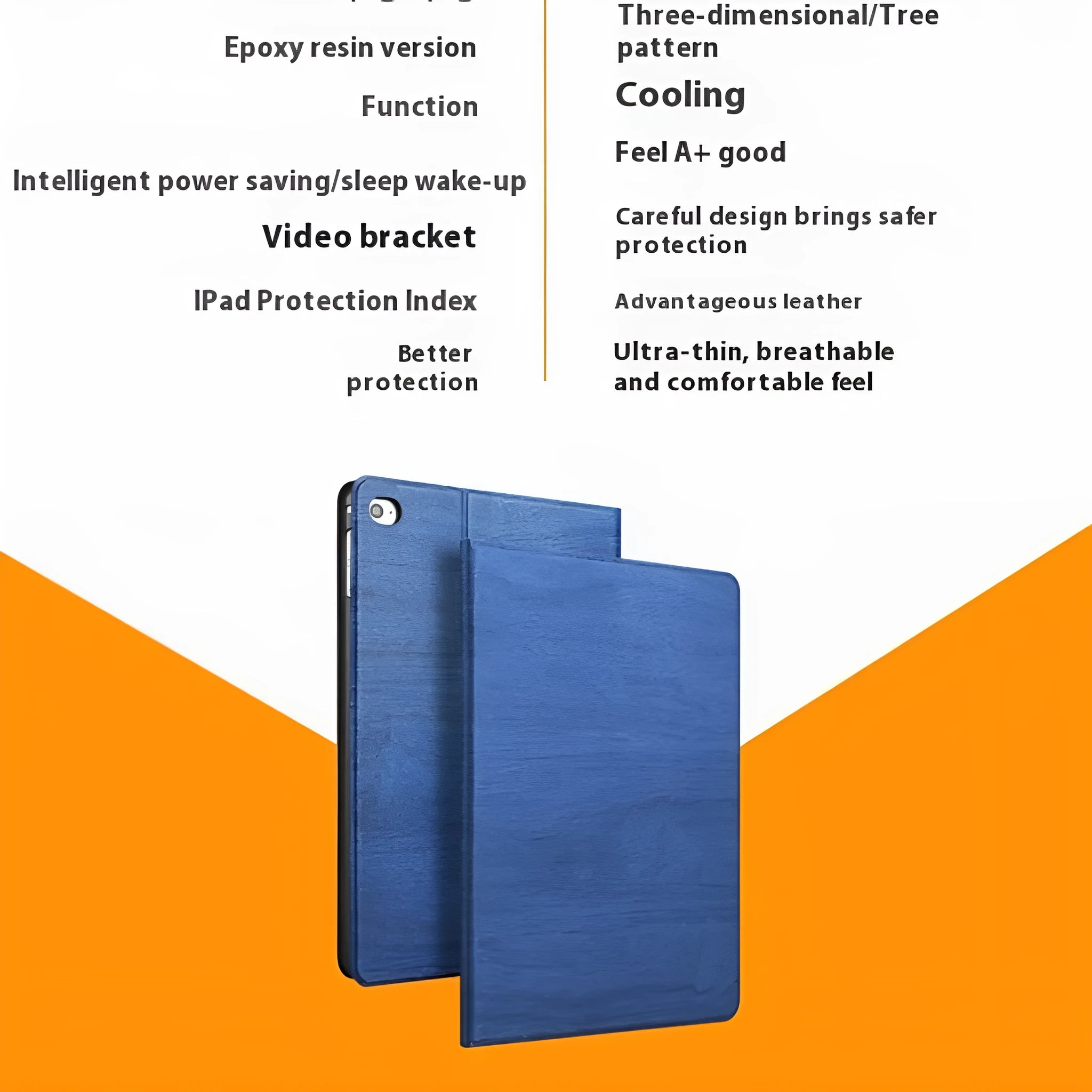 Sapphire blue imitation leather iPad protective cover with a built-in bracket stand.
