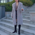 Women's thick grey faux rabbit fur mid-length coat with a fur collar