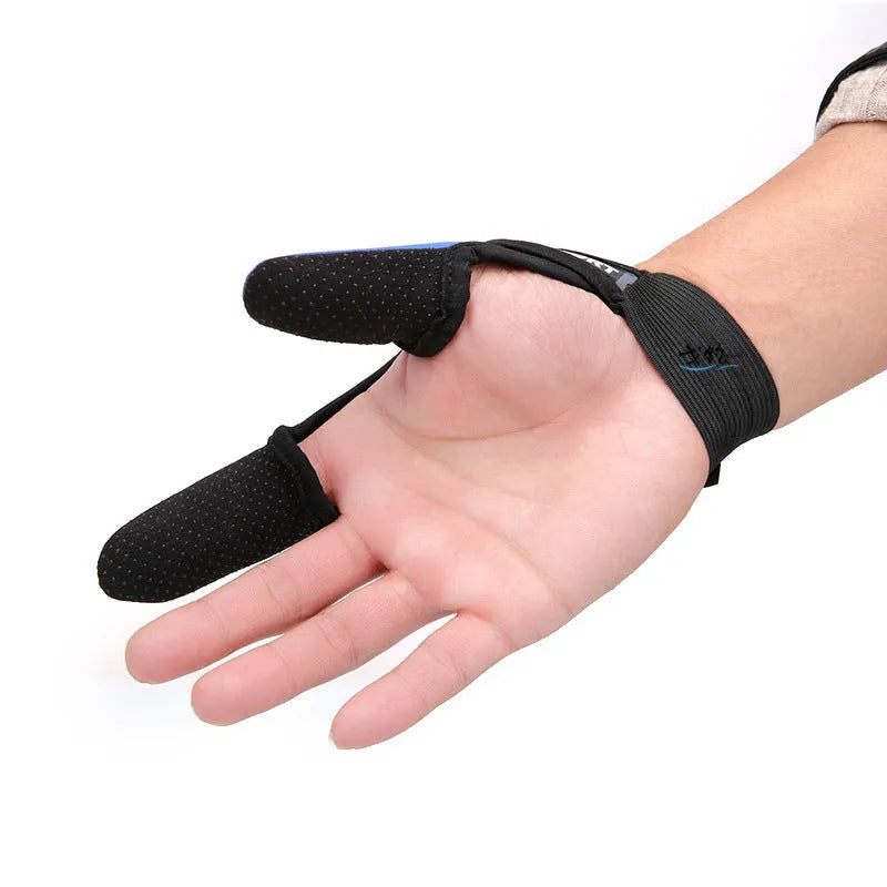 Single two-finger fishing glove showing microfiber palm and diving cloth back, colour options include blue, red, black, camouflage.