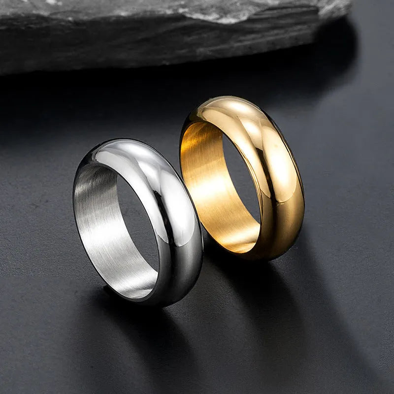 Glossy electroplated titanium steel ring in gold, black, and steel colour options