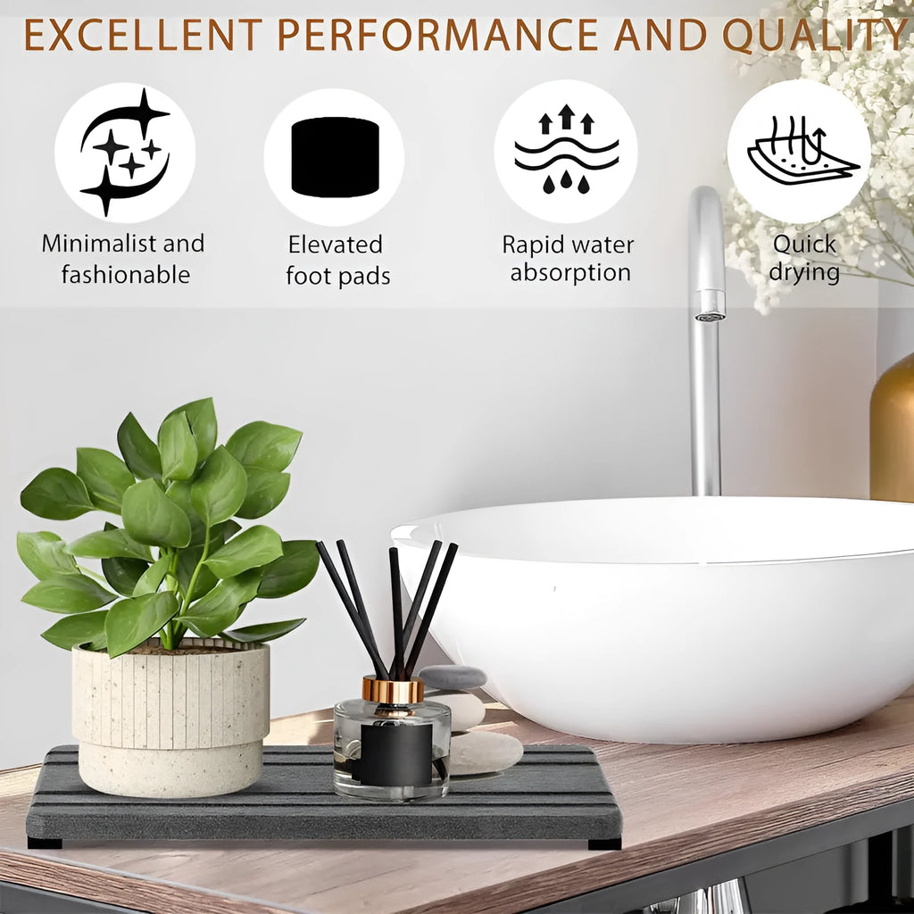 Set of three square bathroom countertop water draining pads in diatom oil material