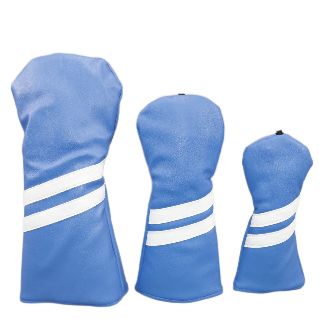Two stripe golf club head cover sleeve for woods in blue, showing elastic PU material.