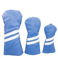 Two stripe golf club head cover sleeve for woods in blue, showing elastic PU material.