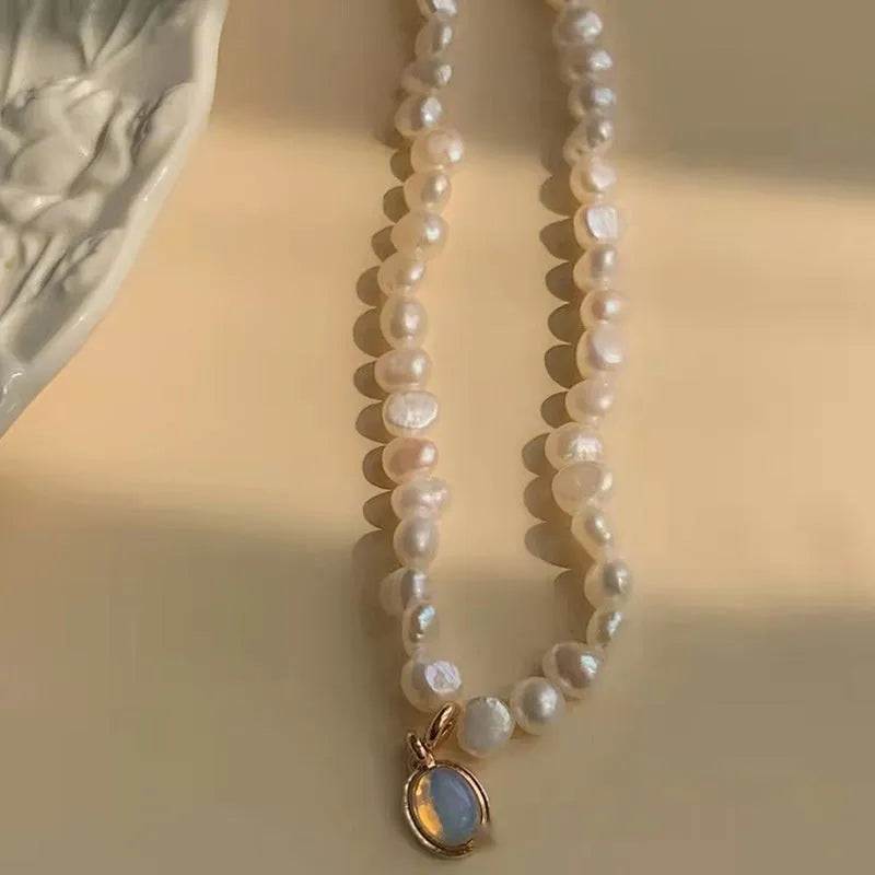 French Court Vintage Pearl Necklace with geometric pendant on adjustable alloy chain