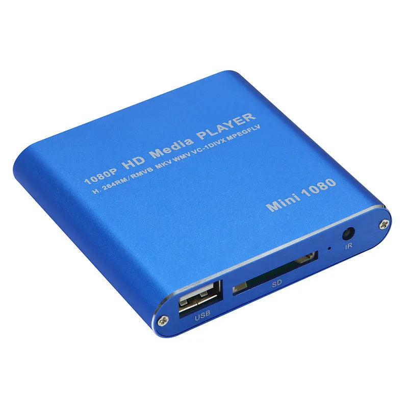 Blue and black 1080p Full HD media player with HDMI port for SD card and USB playback