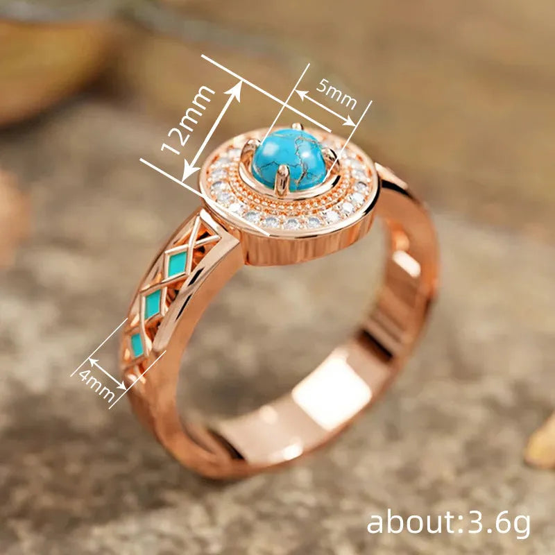 Women's turquoise zircon ethnic ring with geometric design in rose gold copper