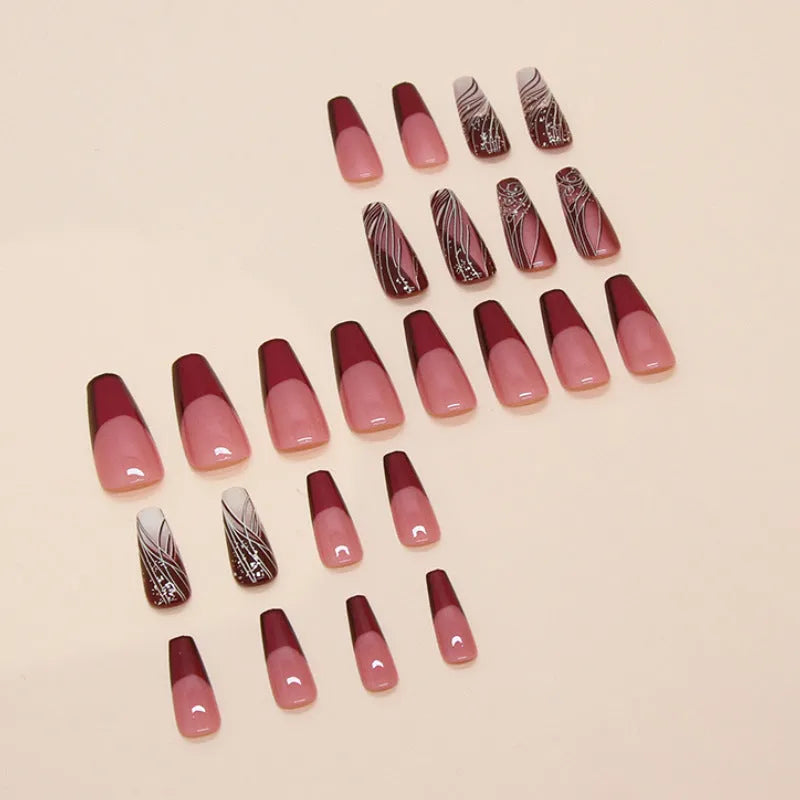French line pattern false nails with W1620 colour on display, showing removable sticker patch design