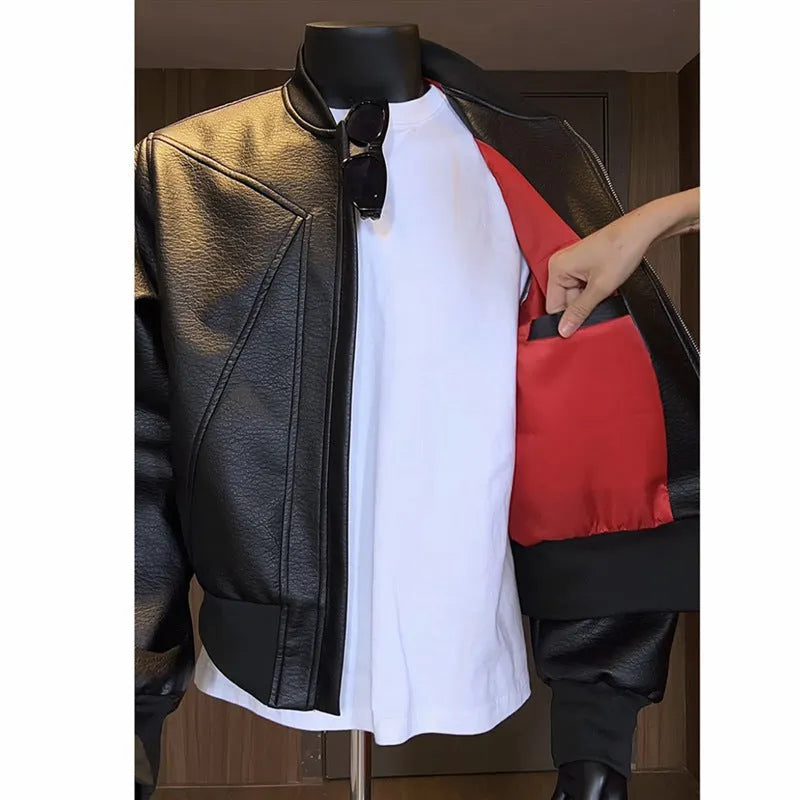 Men's black PU litchi leather jacket with extended length body in slim fit