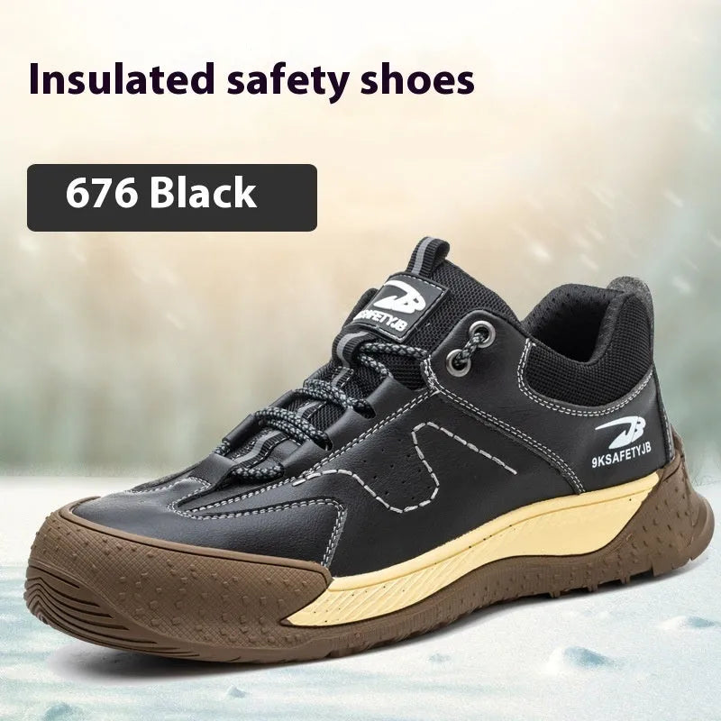Leather work shoes with Flyknit detail, shown in a brown colour on a rubber sole.