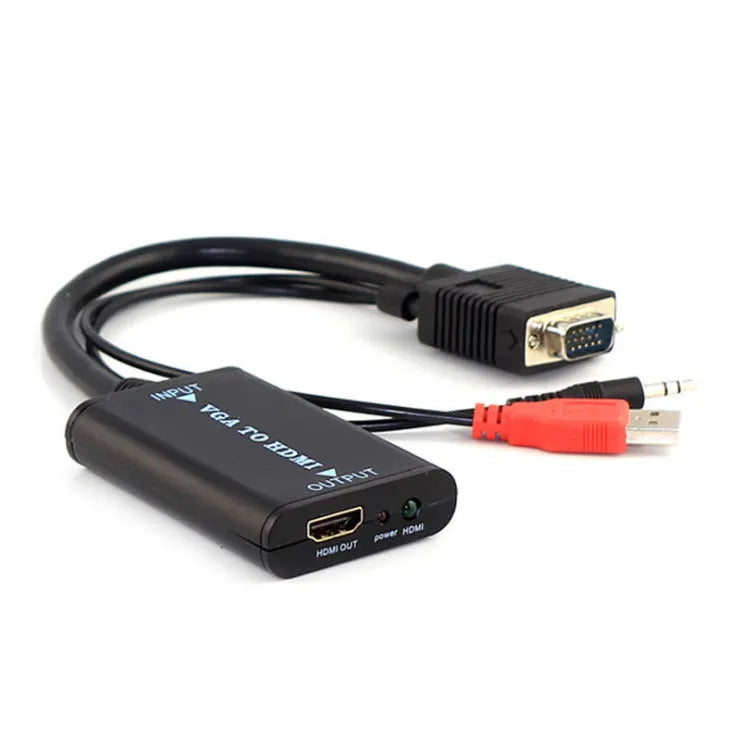 Black VGA to HDMI female converter with USB port for connecting computers to displays