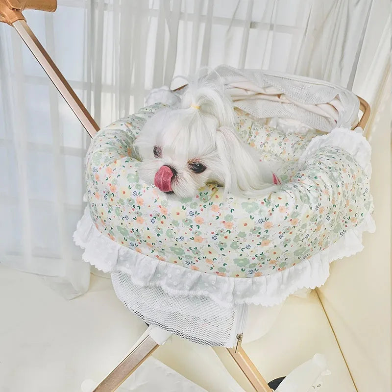 Pure cotton pet stroller cushion set with pillow and anti-dirty towel in a floral pattern.