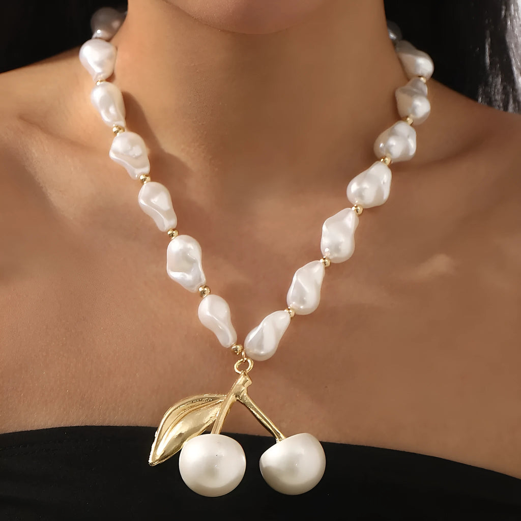 Creative fruit pendant necklace with pearl chain in gold or white K finish