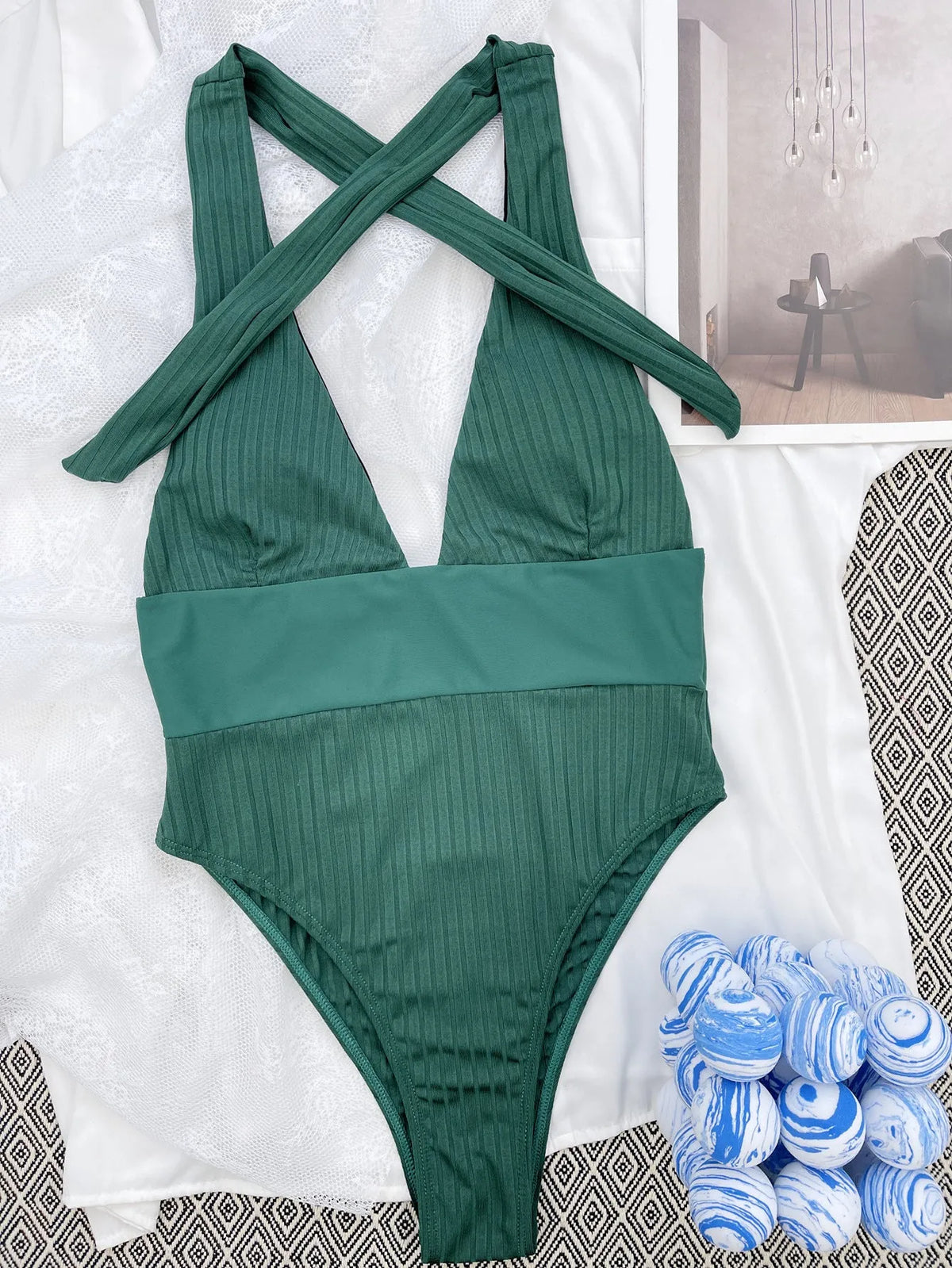 Army green one-piece swimsuit with patchwork bikini design, nylon fabric, sizes S M L