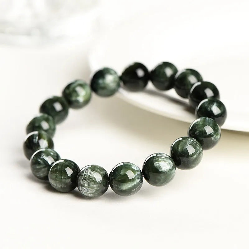 Natural Green Dragon Crystal bracelet with 8-9mm round beads and Ruyi geometric design elements