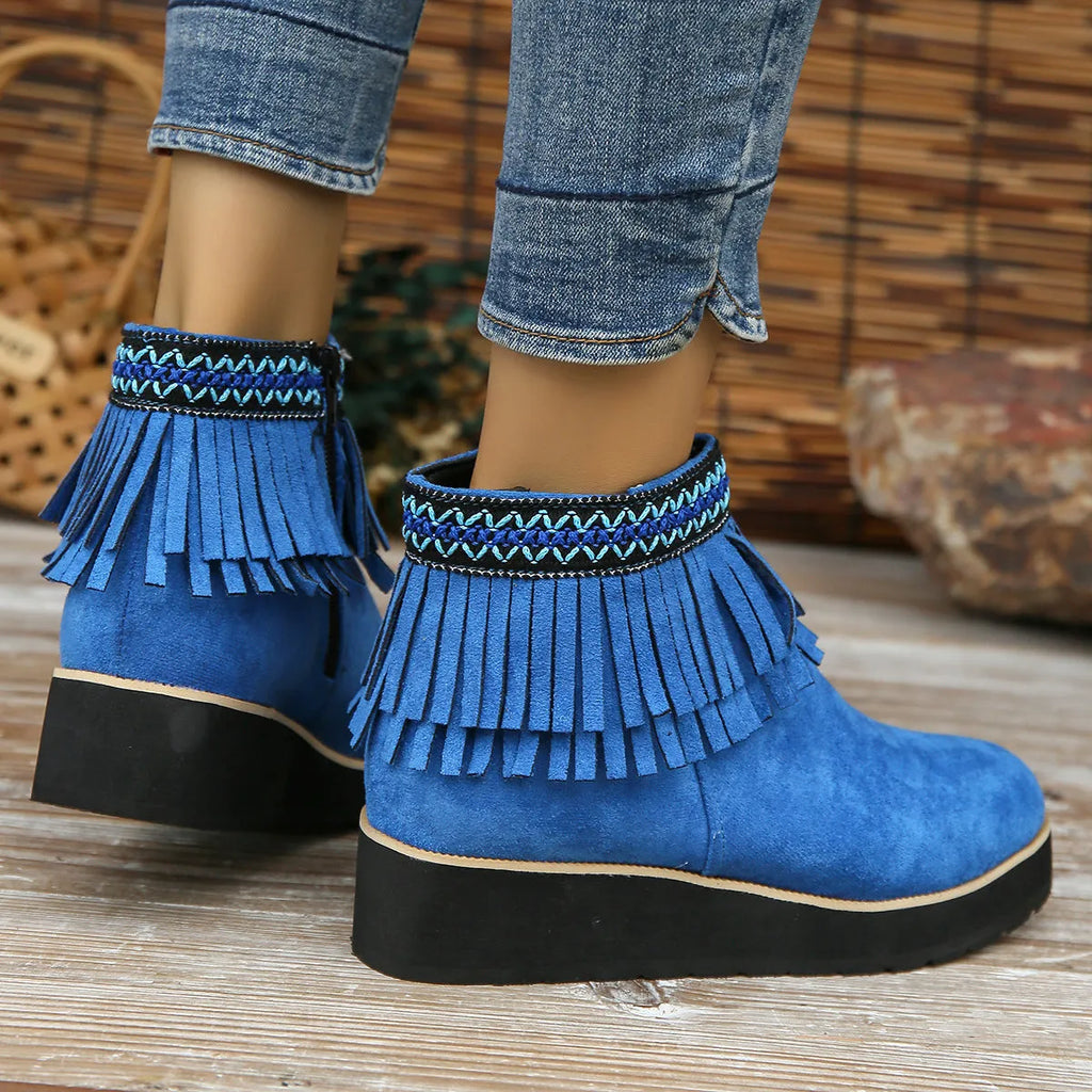 Women's dark brown suede wedge ankle boots with side zip and thick rubber sole