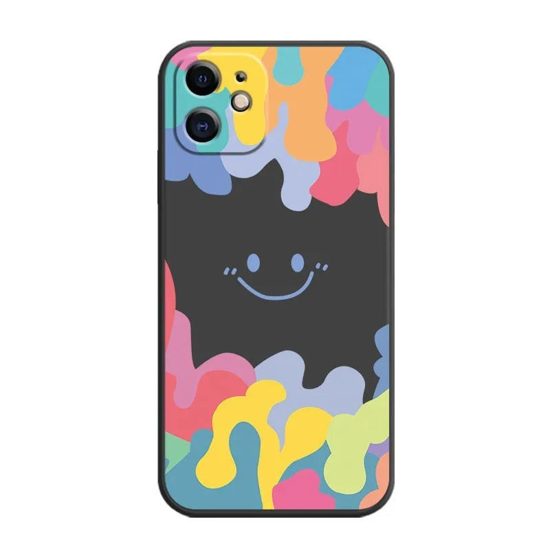 Rainbow smiley face print TPU phone case with attached lanyard in white or black colour options