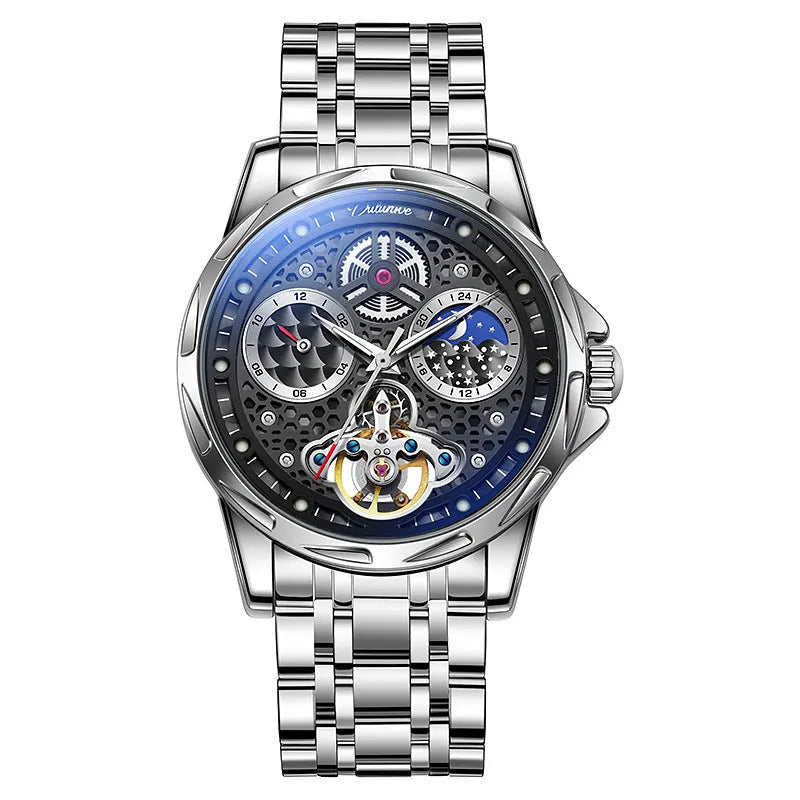 Men's business watch with luminous hands showing steel bracelet and leather strap options