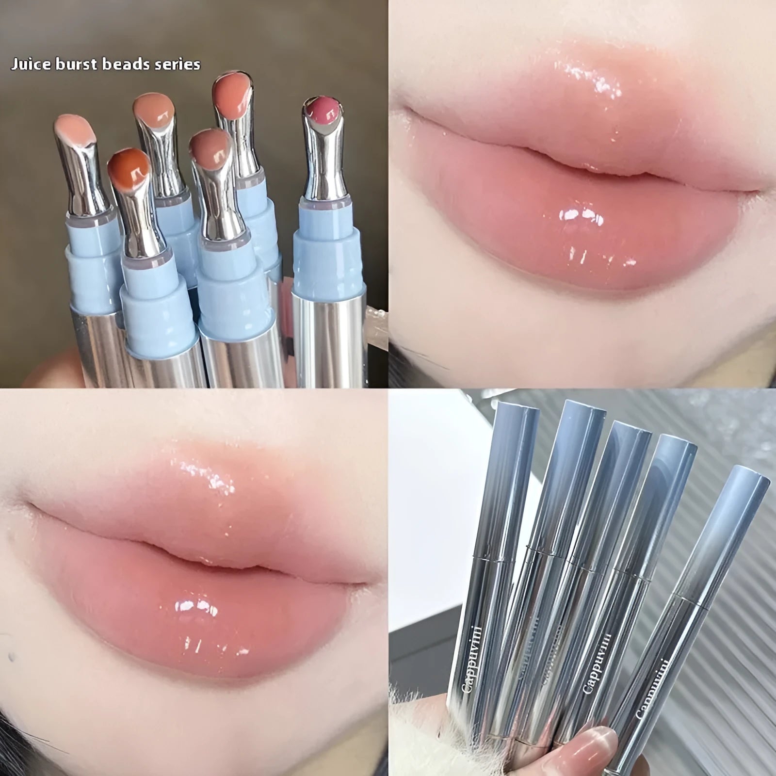 Mirror Water Light lipstick in six colours: Almond Ice, Silver Ice, Pear Ice, Raspberry Ice, Peach Gum Ice, Pomegranate Ice