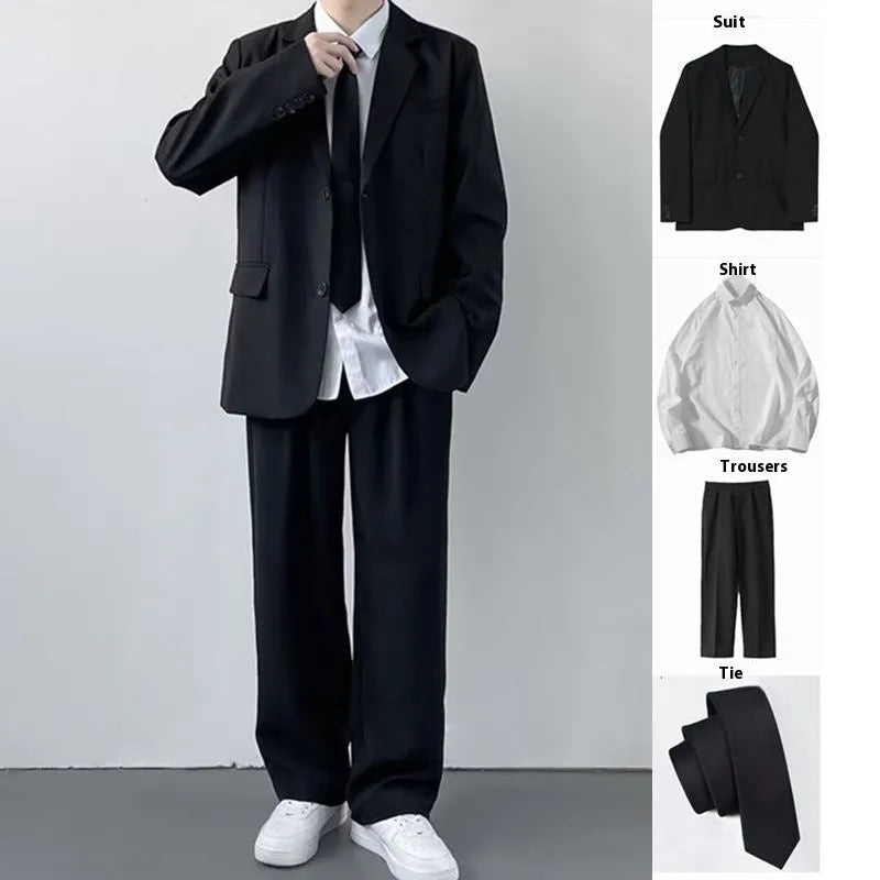 Men's plus size college style suit jacket and trousers with white shirt and tie formal set