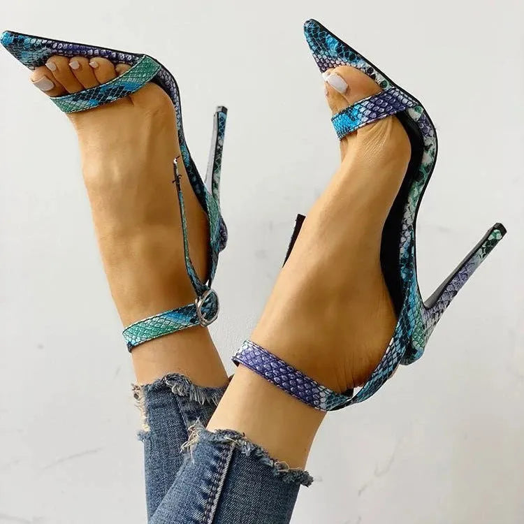 Blue women's high heel shoes with hollow out design and buckle closure