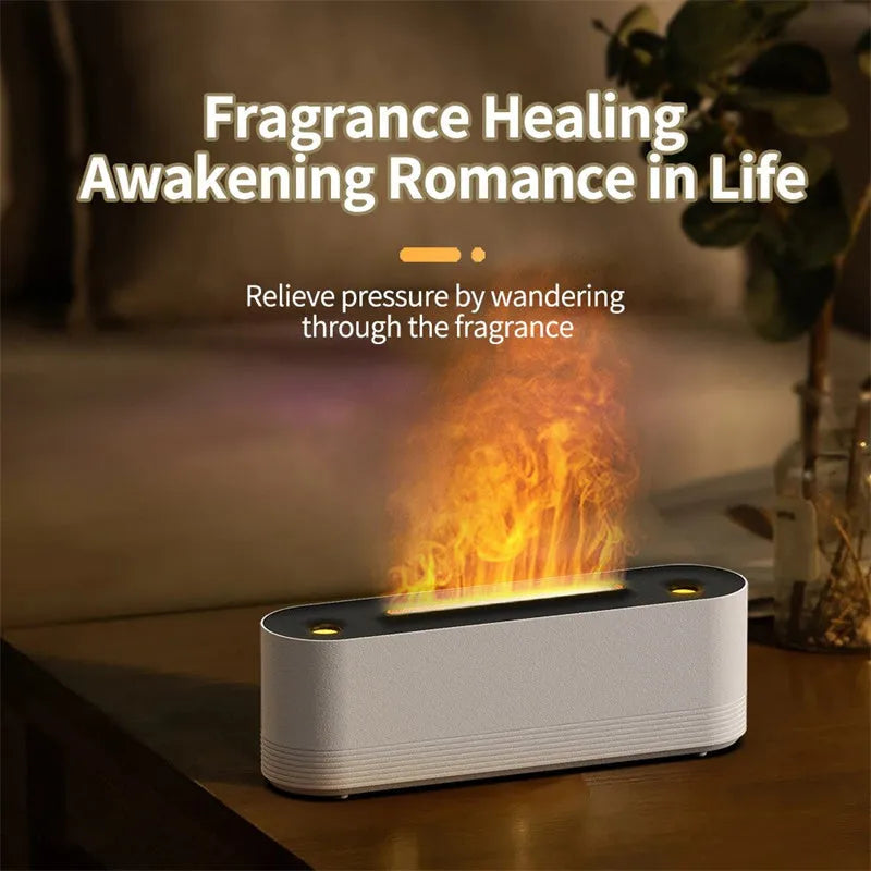 Black ultrasonic humidifier and aroma diffuser with LED flame lights emitting cool mist