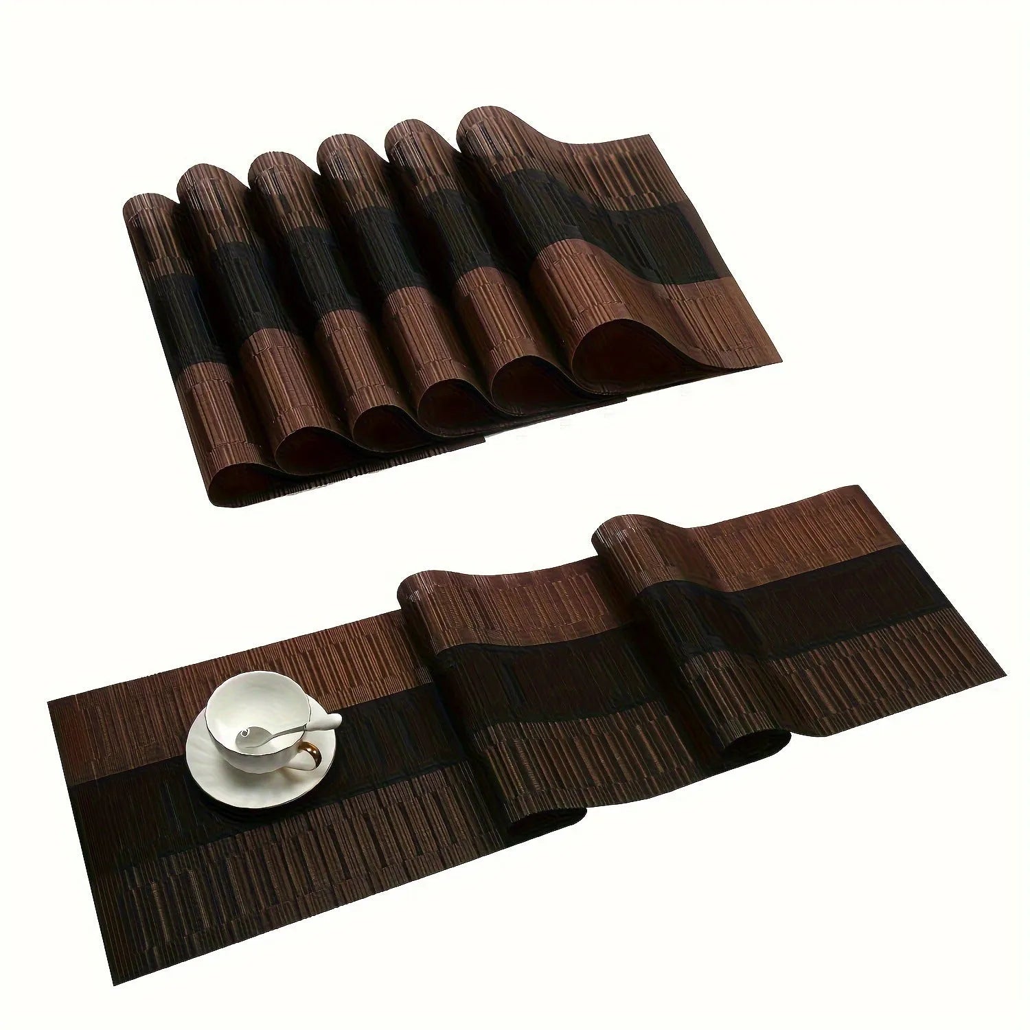 Modern PVC non-slip dish mat in gradient bamboo pattern placed in a kitchen sink.