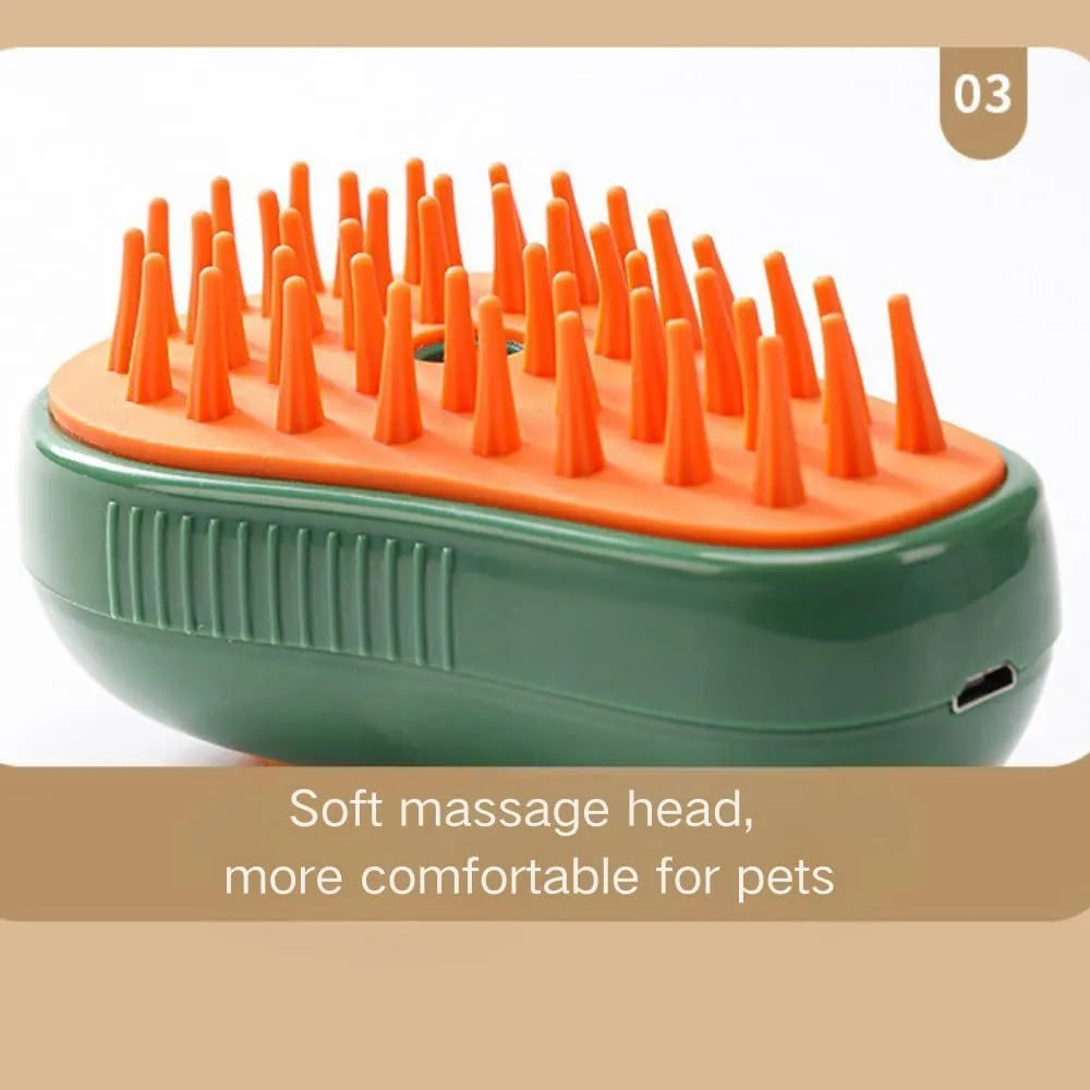 Green and white cat steam brush with water spray function and silicone bristles for pet grooming