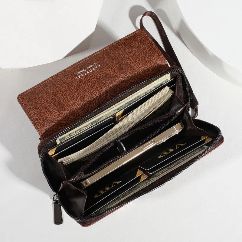 Men's casual PU wallet with multiple card slots in black, brown, or coffee colour