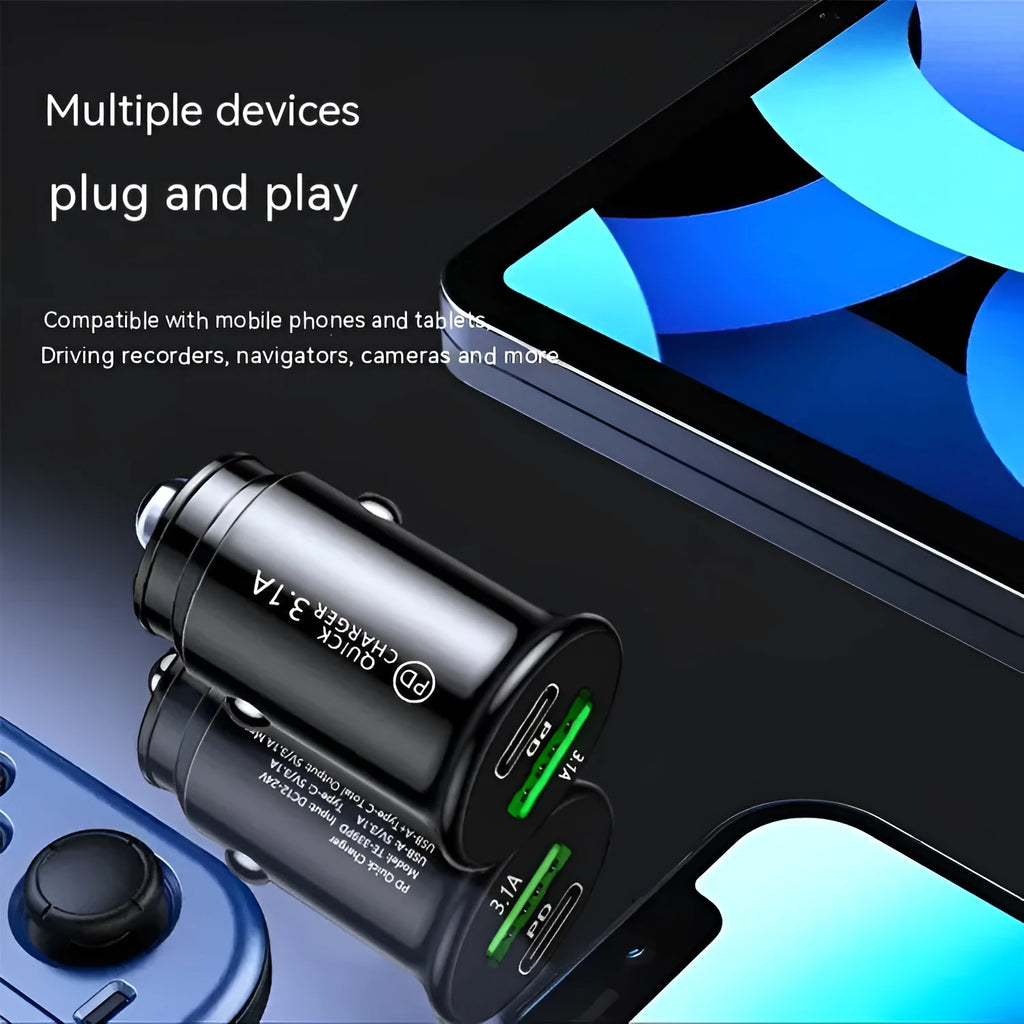 Dual USB port car charger converter with black bare metal housing for 12V/24V vehicle sockets