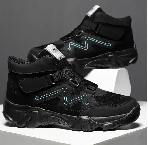 Men's black lace-up casual shoes on a white background.