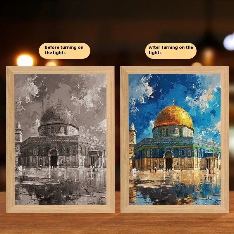 Handmade rectangular light painting digital photo frame displaying spiritual image with USB cable
