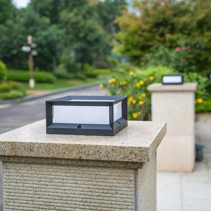 Solar-powered aluminium outdoor LED column light for wall or door mounting.