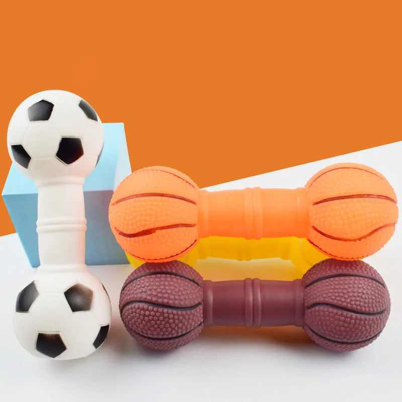 Brown orange white yellow football dumbbell shaped PVC dog chew toy with squeaker