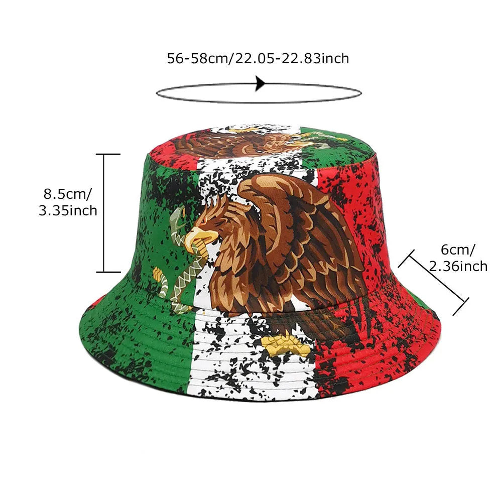 Retro eagle pattern polyester bucket hat with dome crown on a white background.