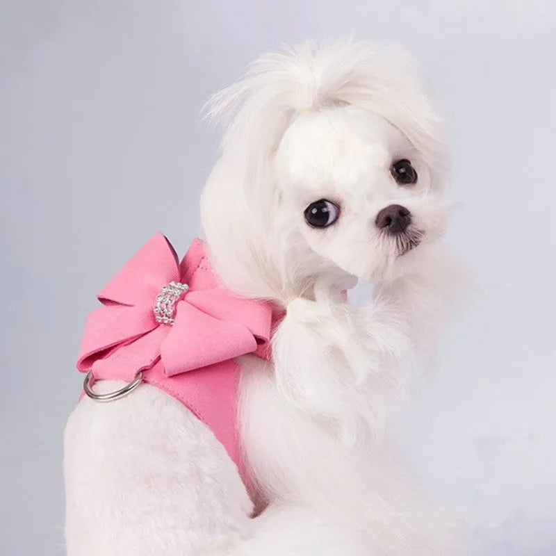 Pink blue orange dog harness with bowknot on adjustable microfiber chest strap