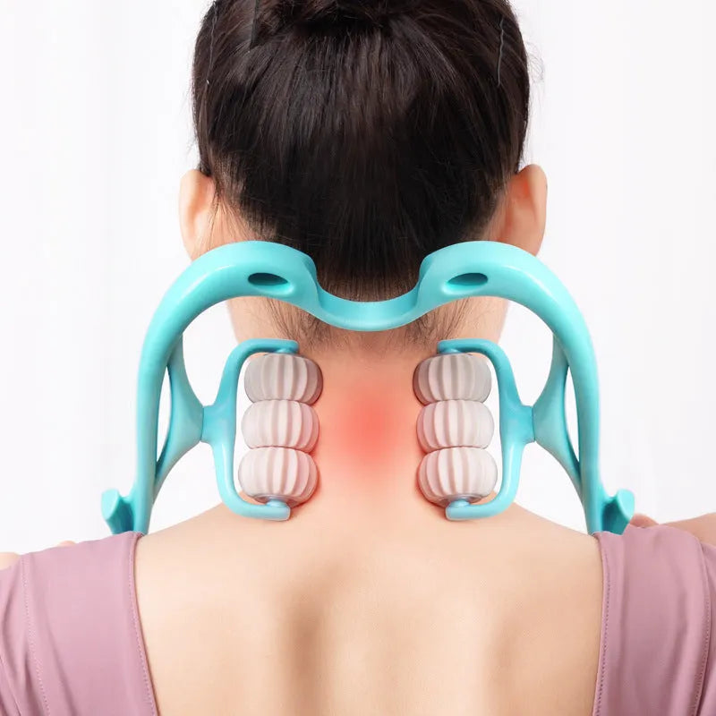 Blue handheld plastic massager with six rotating wheels for neck, shoulder, and back.