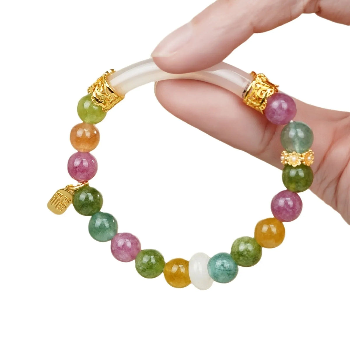 Natural tourmaline rainbow coloured half bracelet for women with electroplated finish.
