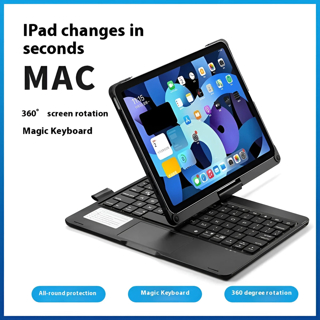 Miaocontrol Bluetooth keyboard with rotating stand holding an iPad tablet