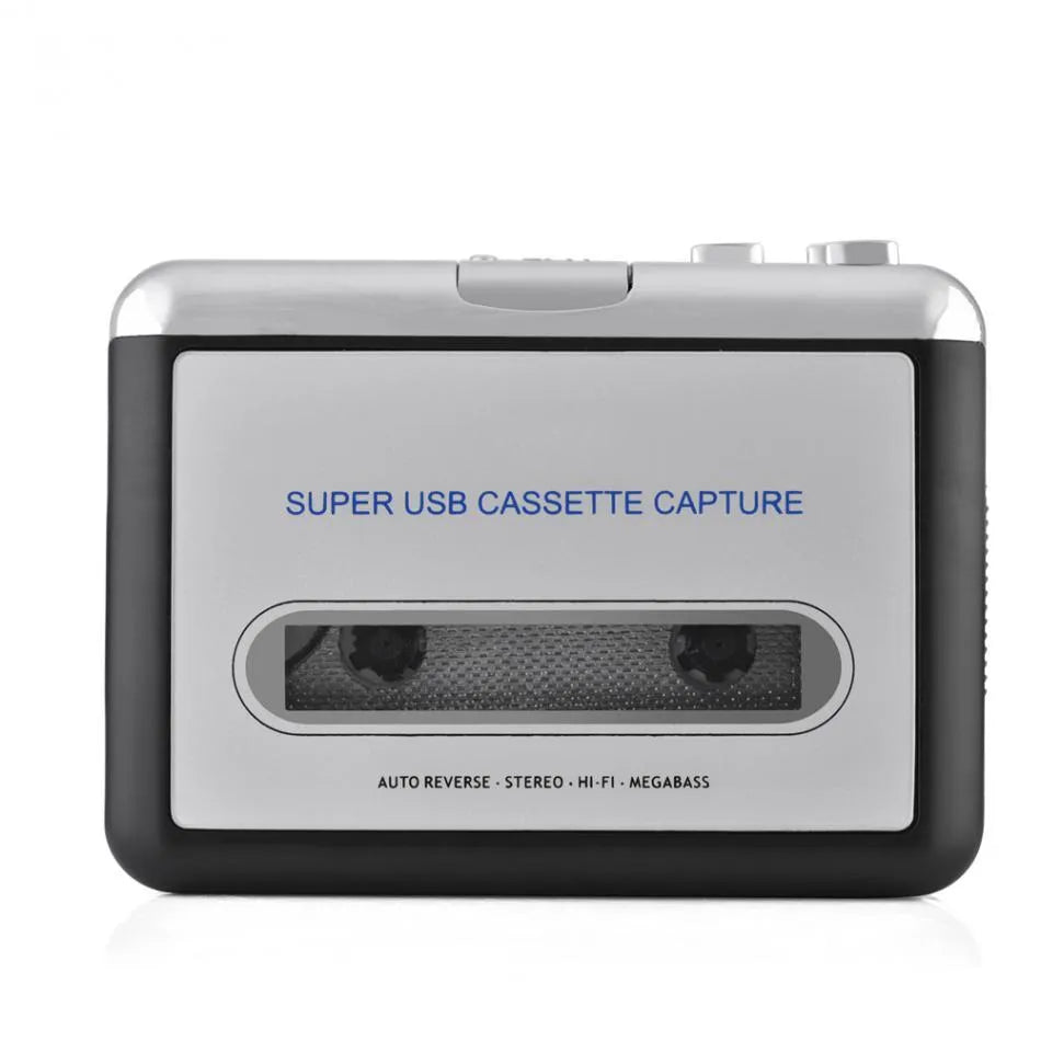 Silver USB cassette to MP3 converter with USB cable and earphones for tape digitisation