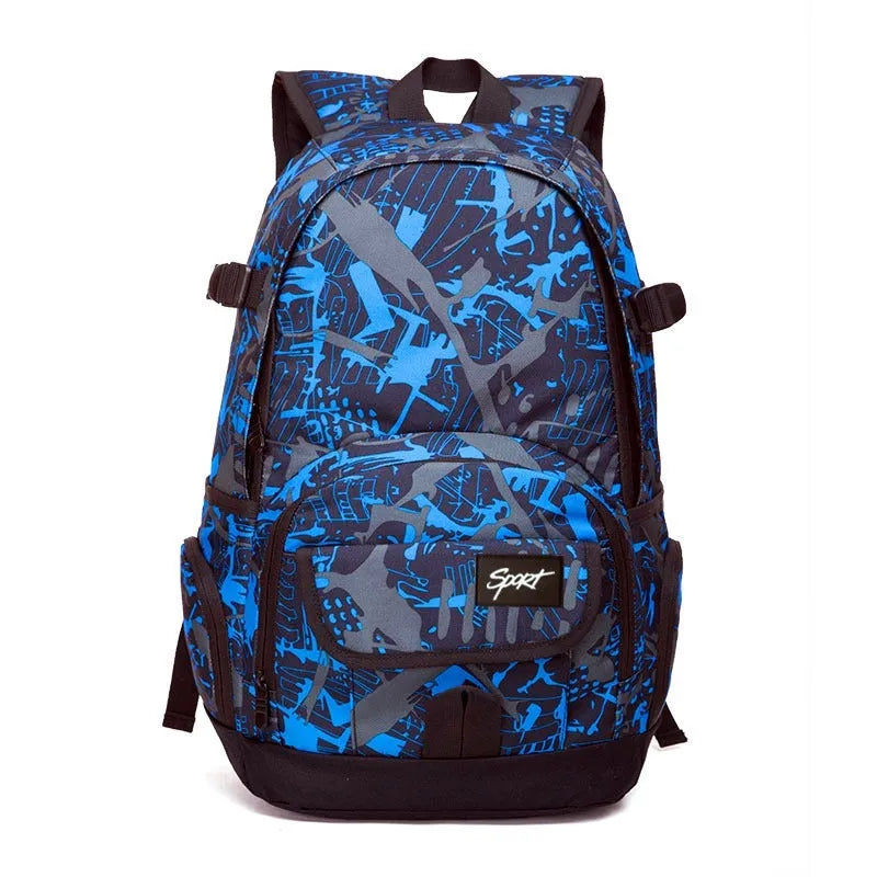 Blue and red classic nylon backpack with large main compartment for school and travel