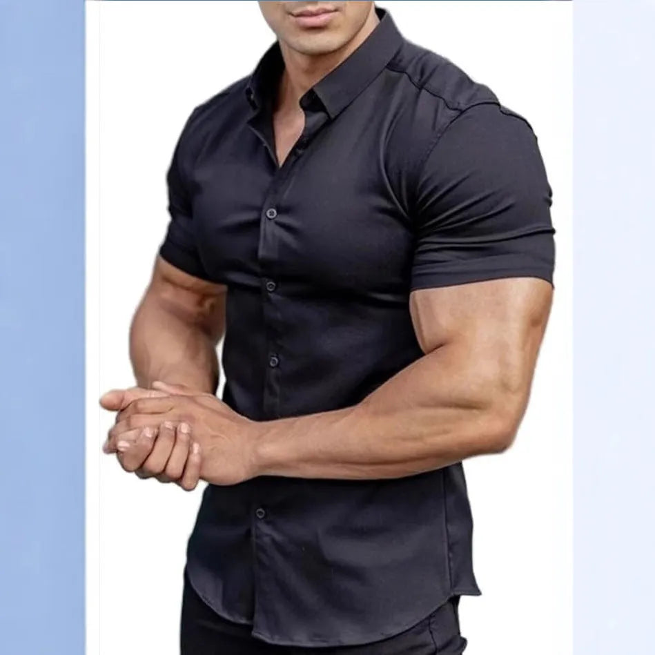 Men's brown short sleeve printed shirt with shirt collar in casual cardigan style.