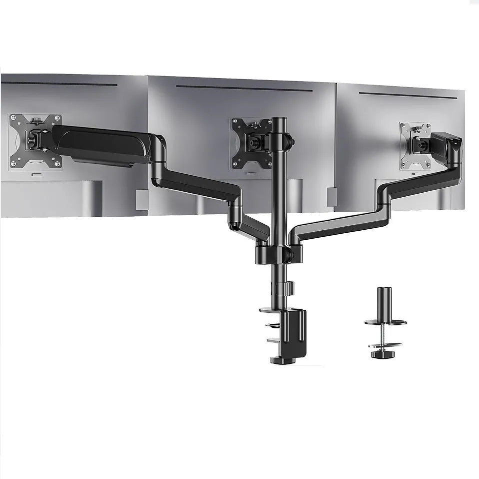 Black three-arm gas spring computer monitor mount for 13-27 inch screens with aluminium alloy construction